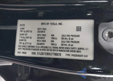 2020 Tesla Model 3 Long Range Dual Motor All-Wheel Drive z USA, uszkodzony, nr VIN 5YJ3E1EBXLF790878